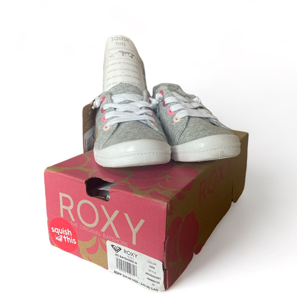NEW Roxy Girl’s Bayshore Slip-On Shoes, Gray & Pink, Size 12